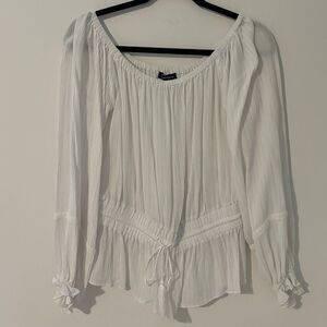 INC International Concepts Blouse White W/Gold Metallic Thread Drawstring Size M